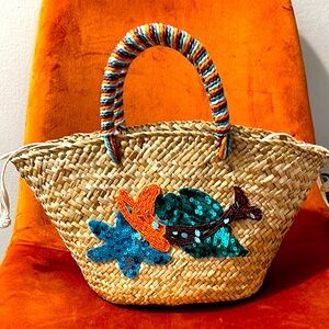 Colorful Straw Tote with Sequin Fish Design